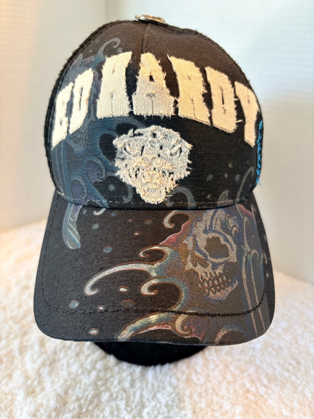 Ed Hardy Adult Hat Design by Christian Audigier Black/Cream Trucker Snapback